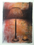Table lamp and candle. Gelli print with matte medium transfer.